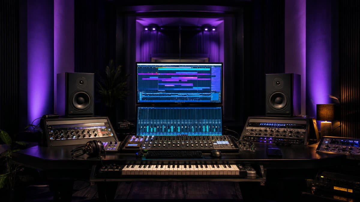 Régie du studio avec console et double écran