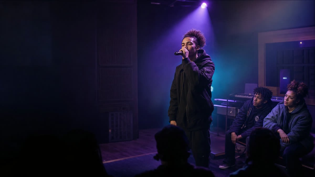 Un jeune rappeur sur scène sous un projecteur violet
